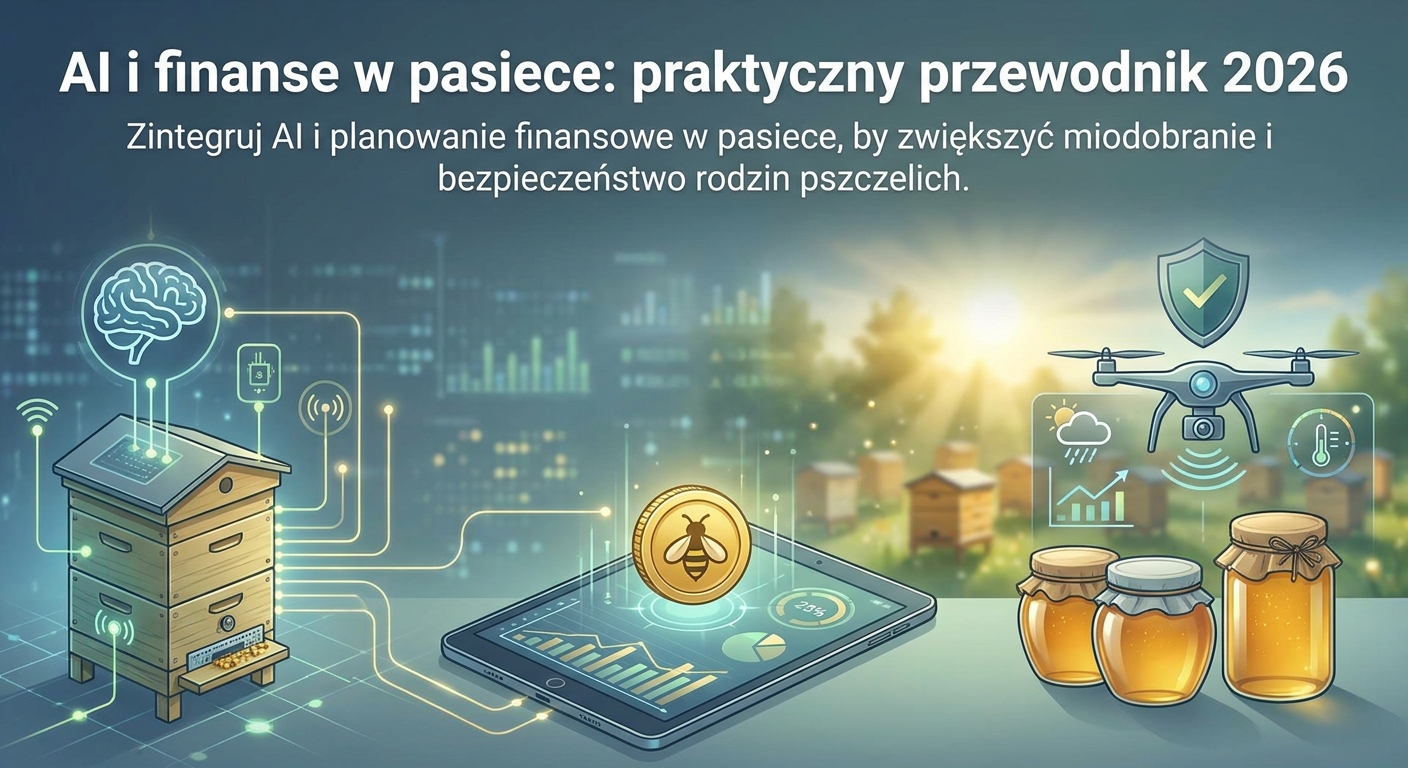 Pszczelarz analizujący dane AI na tablecie obok nowoczesnych uli
