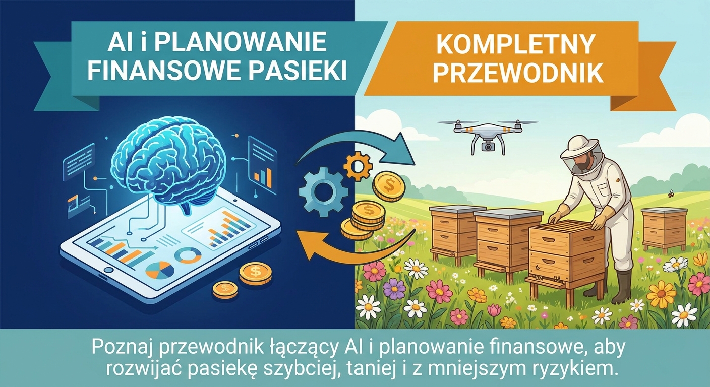 Pszczelarz analizujący dane finansowe pasieki na tablecie z AI
