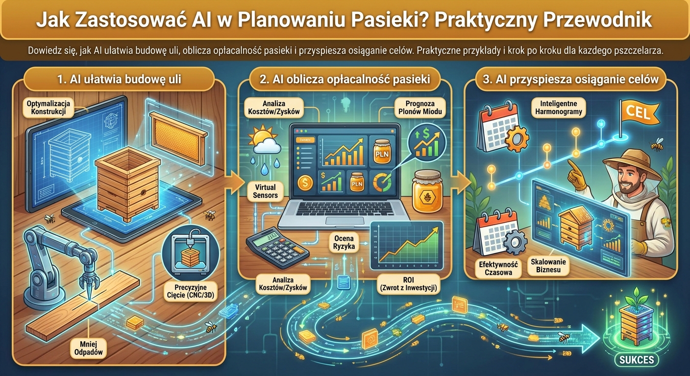 Smart hive z interfejsem AI na tabletzie, pasieka w tle