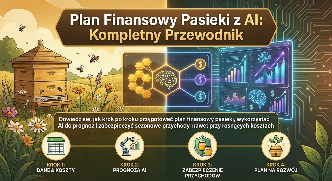 Pszczelarz analizujący dane finansowe pasieki na tablecie z wykresami AI