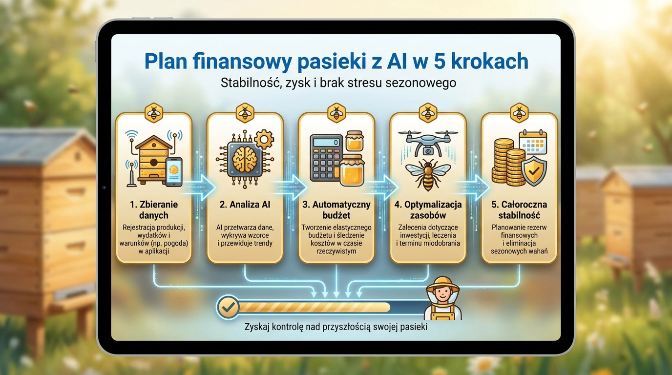 Pszczelarz analizuje plan finansowy pasieki na tablecie z wykresami AI