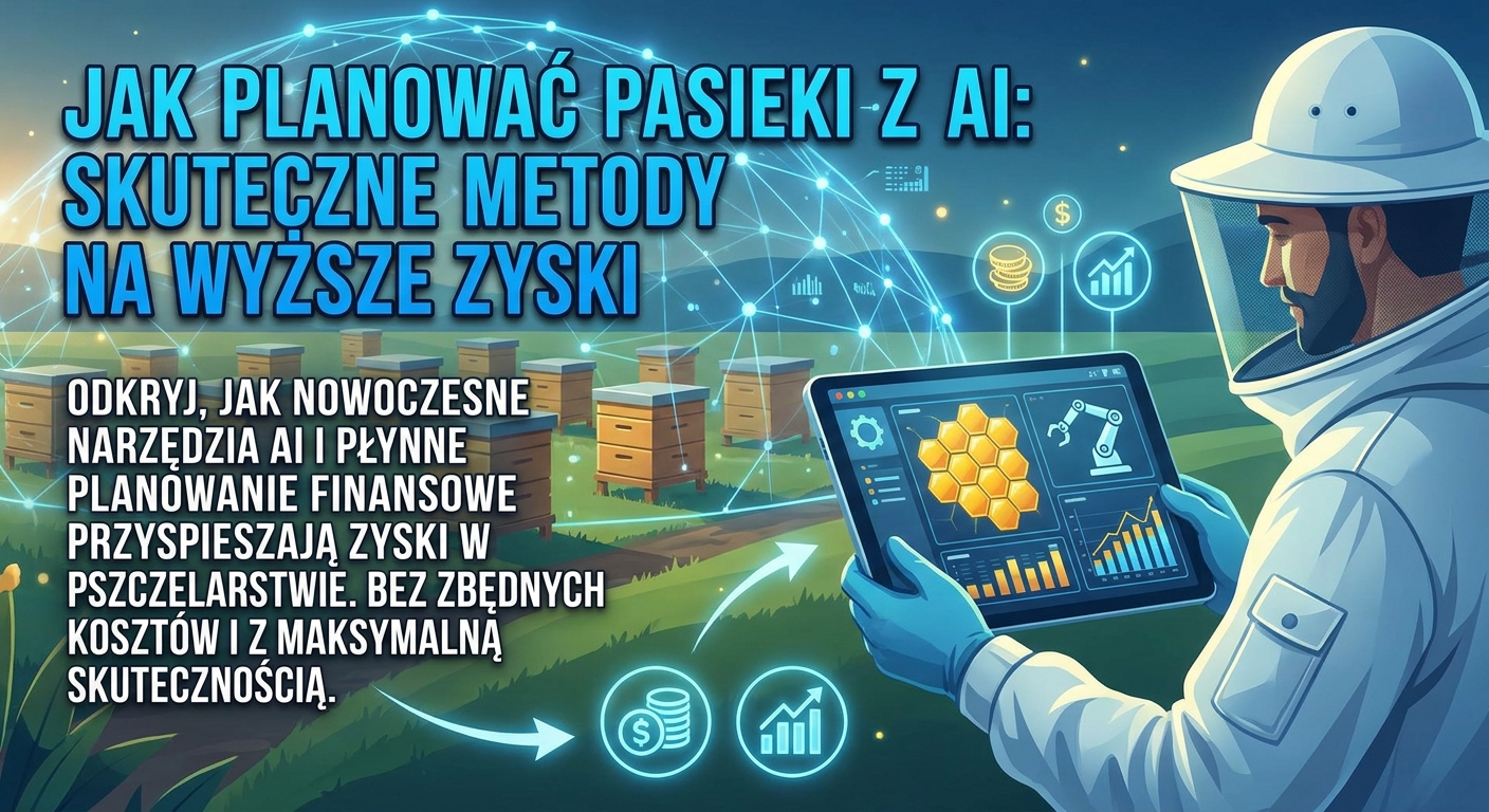 Pszczelarz analizujący dane AI na tabletcie w pasiece