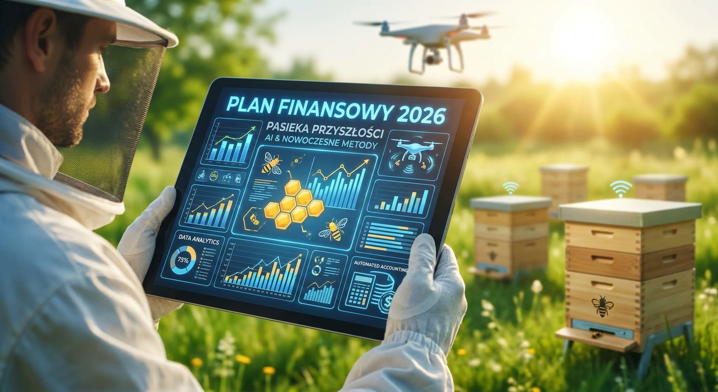 Pasieka z kalkulatorem opłacalności i AI na tabletzie, modernistyczny styl
