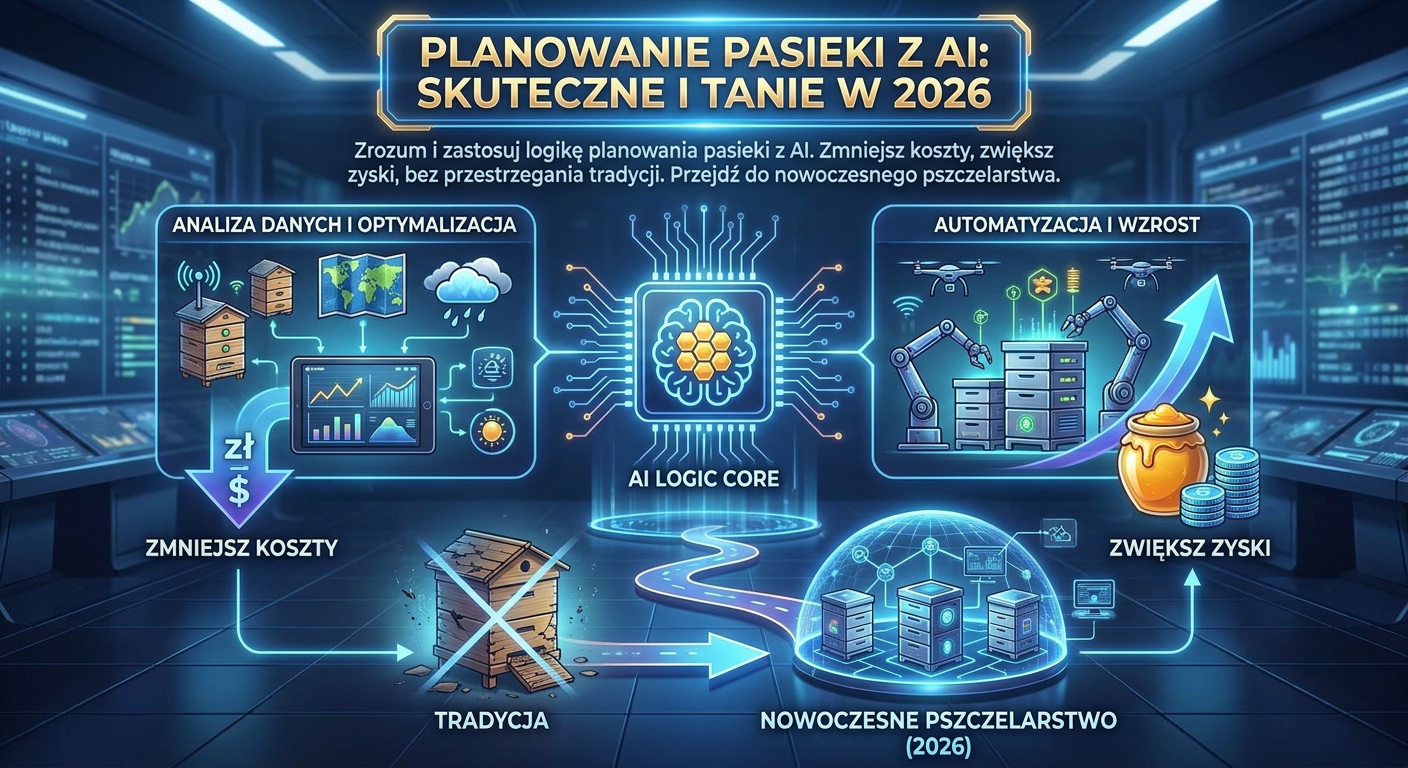 Nowoczesna pasieka z wizualizacją AI na ekranie, minimalistyczne kolory